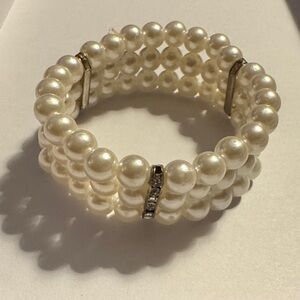 Vintage Faux Pearl Golden Tone Clear Rhinestone Triple Row Stretch Bracelet